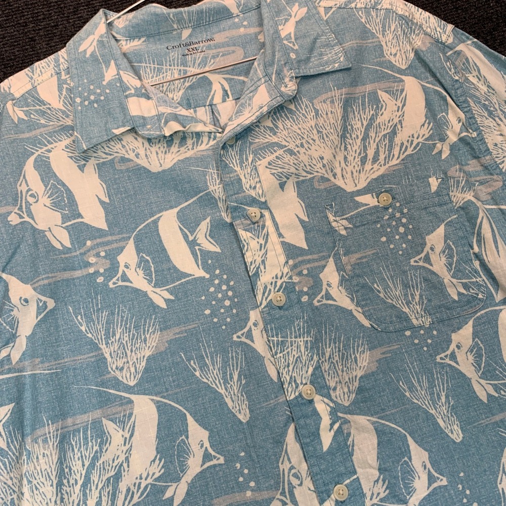 Croft & Barrow Button Shirt XXL Blue Miami Fish Cotton Tropical Coastal Resort